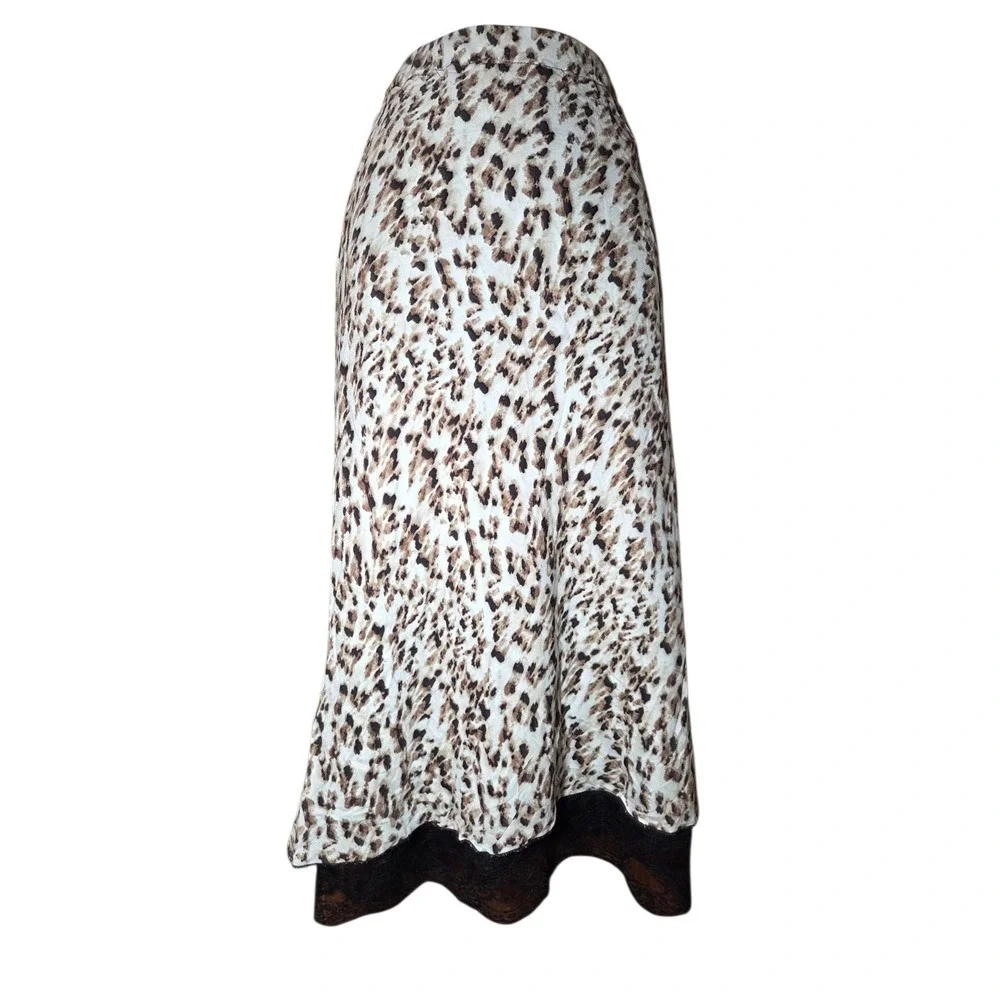 90s Y2K Brown Leopard Midi Skirt W‎ Black Lace Hem Pull On Silky M-XL